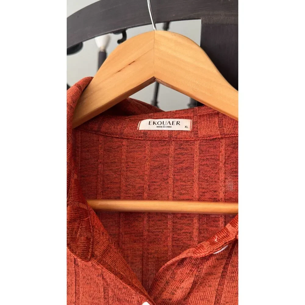 Ekouaer Women's XL Ribbed Knit Pajama Set Rust Orange